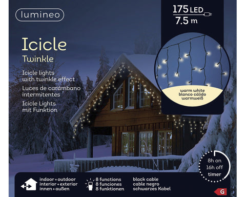 LED Icicle Lichterkette 8 Leuchtmodi Outdoor schwarz 175 warmweiße LED 750x50cm