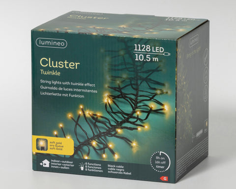 LED Lichterkette Cluster 8 Leuchtmodi Outdoor schwarz 1128 softgoldene LED 1050cm