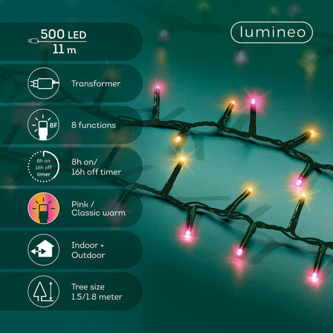 LED Lichterkette Compact 8 Leuchtmodi Outdoor grün 500 pinke & klassischwarme LED 1100cm