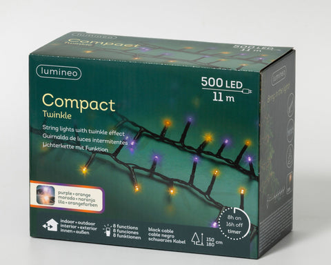 LED Lichterkette Compact 8 Leuchtmodi Outdoor schwarz 500 violette & orangene LED 1100cm