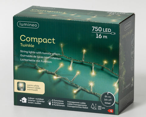 LED Lichterkette Compact 8 Leuchtmodi Outdoor transparent 750 warmweiße LED 1600cm