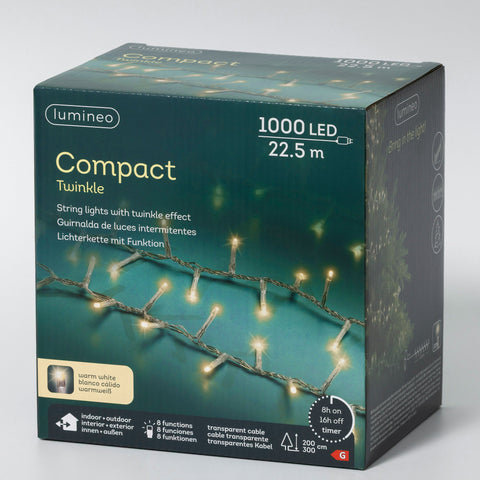 LED Lichterkette Compact 8 Leuchtmodi Outdoor transparent 1000 warmweiße LED 2250cm