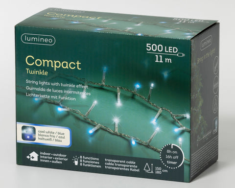 LED Lichterkette Compact 8 Leuchtmodi Outdoor transparent 500 kaltweiße & blaue LED 1100cm