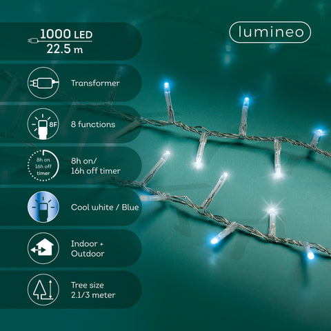 LED Lichterkette Compact 8 Leuchtmodi Outdoor transparent 1000 blaue & kaltweiße LED 2250cm