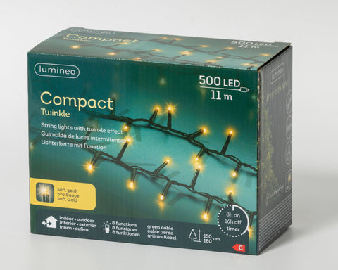 LED Lichterkette Compact 8 Leuchtmodi Outdoor grün 500 softgoldene LED 1100cm
