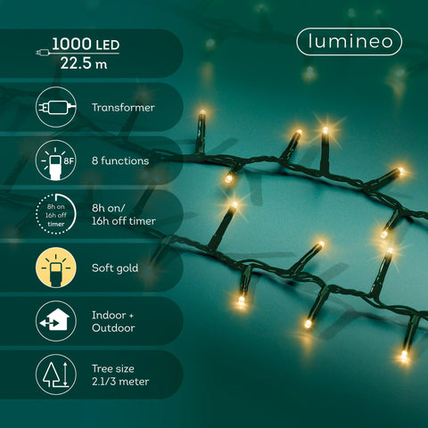 LED Lichterkette Compact 8 Leuchtmodi Outdoor grün 1000 softgoldene LED 2250cm