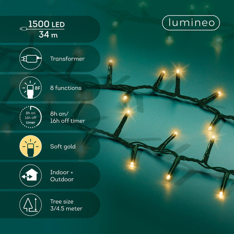 Lumineo led lichterkette 1500 softgoldene leds mit schwarzem flexiblem kabel transformer inklusive outdoor grün