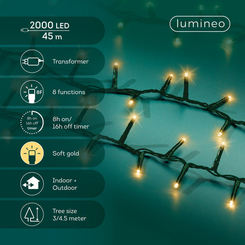 LED Lichterkette Compact 8 Leuchtmodi Outdoor grün 2000 softgoldene LED 4500cm