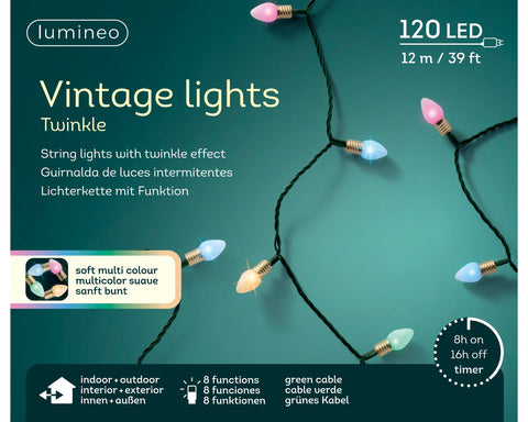 LED Vintage Lichterkette 8 Leuchtmodi Outdoor grün 120 softbunte LED 1190cm