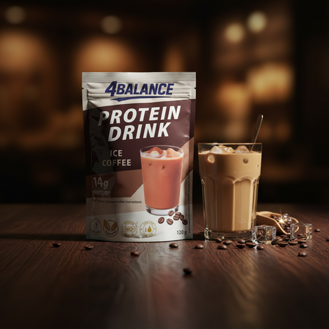 4balance protein drink ice coffee 120g pouch in silver and dark brown with 14g protein per serving