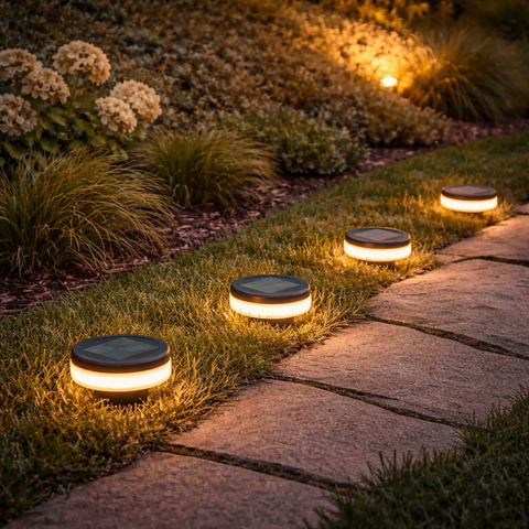 Runde solar bodenlampe 9x12cm mit schwarzem top und warm leuchtender weißer led basis entlang eines steinwegs