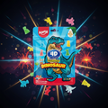 Ein lebhaft blau-rotes paket 4d amos gummy dinosaurierbonbons mit einem cartoon-t-rex und gelben akzenten
