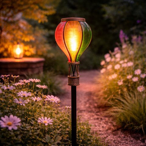 Solar gartenstecker luftballon mit flammeneffekt 12led rot orange grün glas auf schwarzem metallstab