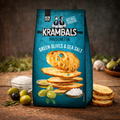 Tealfarbene krambals bruschetta chips 70 g mit oliven und meeresalz, schwarzem logo und goldbraunen croutons