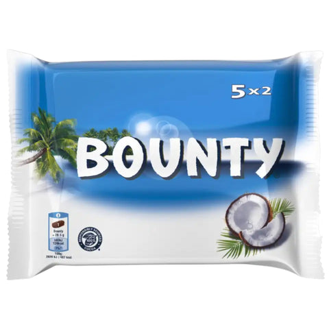 Bounty 286g schokoriegel in blau-weiß verpackung mit tropischem palmenmuster auf der frontseite