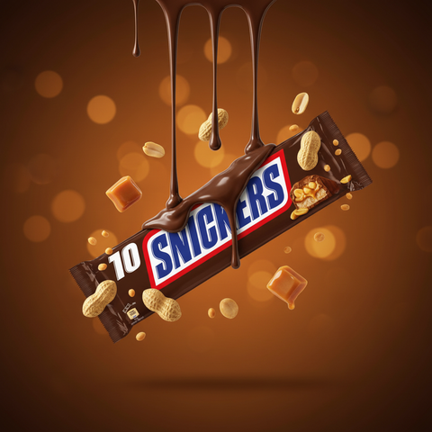 Eine schokoladenüberzogene erdnussriegel mit karamell und erdnüssen in brauner folie verpackt mit snickers 10er logo