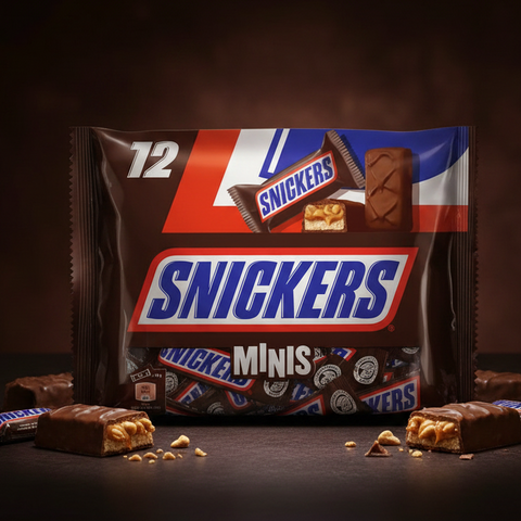 A package of twelve snickers minis 227g in a glossy brown and red wrapper with the blue snickers logo