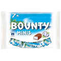 Eine blaue und weiße packung bounty minis schokoriegel 227g mit tropischem kokosnussdesign und kokosstücken
