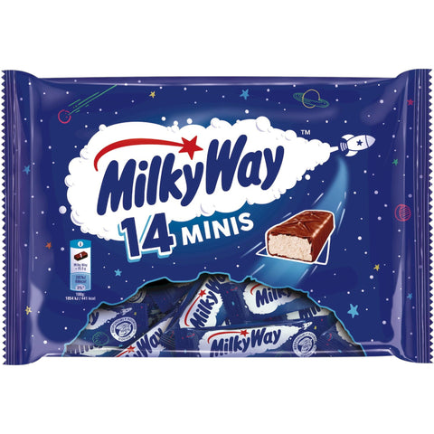 Milky way minis 227g schokoladenriegel packung mit dunkelblauem weltraumdesign sternen planeten und raketen
