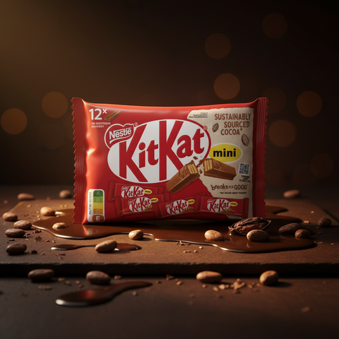 Ein roter nestlé kitkat minis 200g schokoladenriegel mit weißem logo, bruchstücken, kakao und geschmolzener schokolade