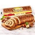 Eine goldbraune jumbo roll swiss roll mit schoko-haselnuss-füllung in markenverpackung auf holzbrett
