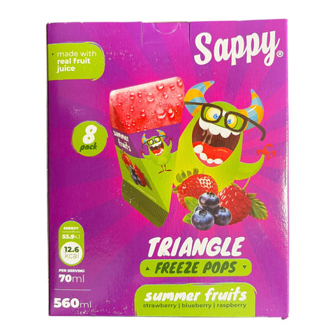 Lila verpackung der sappy triangle freeze pops mit grünem monster-motiv und sommerfruchtgeschmack