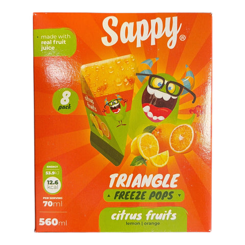 Sappy triangle freeze pops 8er pack mit zitronen- und orangengeschmack in leuchtend orange-grüner verpackung mit monsterdesign