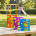 Drei bunte sappy triangle freeze pops boxen mit cartoon-monstern in den geschmacksrichtungen zitrus, wassermelone und cola