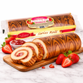 Jumbo roll 300 g erdbeer gefüllter swiss roll kuchen mit schokoladen wirbeln in markenverpackung auf holzbrett