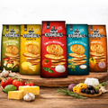 Fünf bunte packungen krambals bruschetta-chips 70 g mit verschiedenen geschmacksrichtungen und zutatenbildern