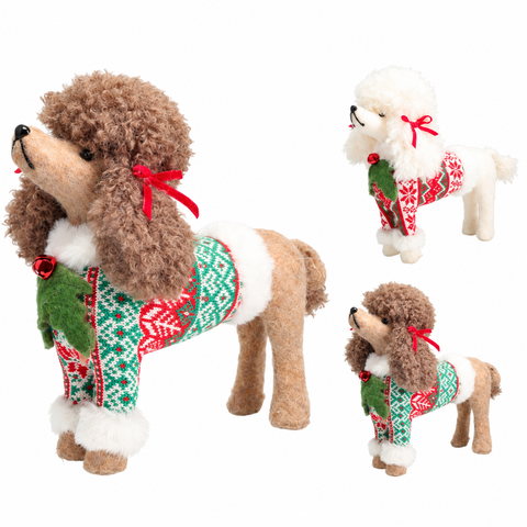 Adorable stehende pudel hund figurine 31cm mit festlichen rot grün weißen strickpullovern