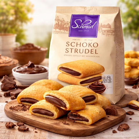Schmid schoko strudel 250 g schokoladenfüllung im beigen papiertütenbeutel mit lila logo