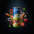 Kucharek würzmischung mit gemüse 300g dose mit blau grünem etikett und frischem gemüse wie tomaten paprika karotten zwiebeln knoblauch petersilie koriander