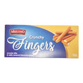 Blaue und gelbe mulino crunchy fingers box mit karamellbeschichteten, knusprigen salzkaramell-keksstäbchen, 100g