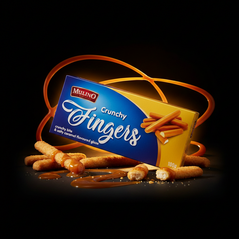 Blaue und gelbe box mulino crunchy fingers mit karamellbeschichteten knusprigen salzkaramell-keksstäbchen 100g
