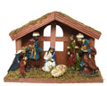 Holzkrippe mdf mit bemalten figuren maria josef jesus und 3 könige unter dach mit strohdeckung