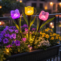 Led solar blume vistoso tulpenförmige solarlichter in lila gelb und rosa mit durchscheinenden blütenblättern und dunklen stielen