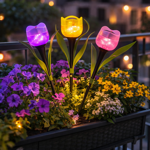 Led solar blume vistoso tulpenförmige solarlichter in lila gelb und rosa mit durchscheinenden blütenblättern und dunklen stielen