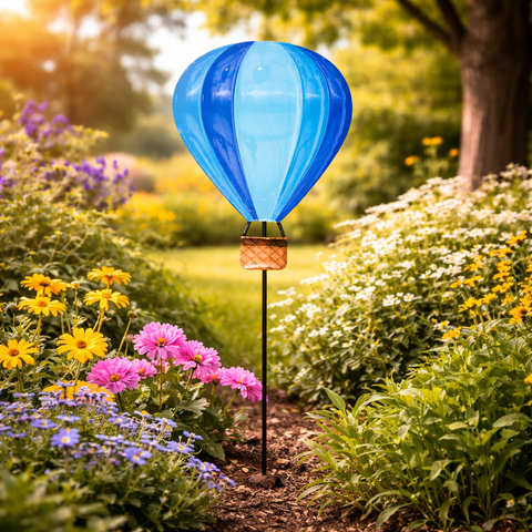 Metall gartenstecker heißluftballon blau mit geflochtenem korb und schwarzem stab aus metall
