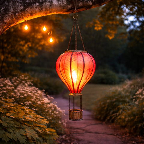 Ein rotes solar luftballon laterne mit 20 led flammeneffekt, gewebe korb und metallrahmen, hängend an einem ast
