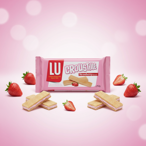 Lu croustillé erdbeer waffeln 152g mit rosa verpackung cremiger füllung und goldbraunen schichten