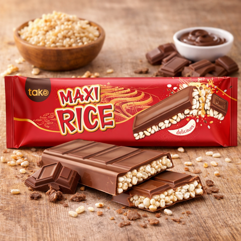 Rote verpackte tako maxi rice puffreis-tafel 190 g mit milchschokolade und gepufftem reisfüllung