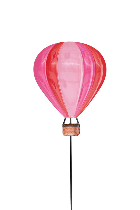 Metall gartenstecker heiluftballon 65x18 cm rosa mit pink und roten streifen und geflochtenem korb