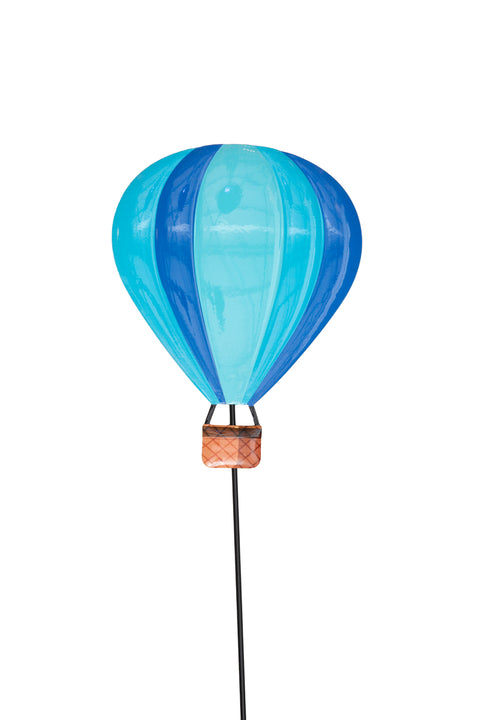 Metall gartenstecker blau heißluftballon mit blauen streifen und kupferfarbenem korb für garten dekoration