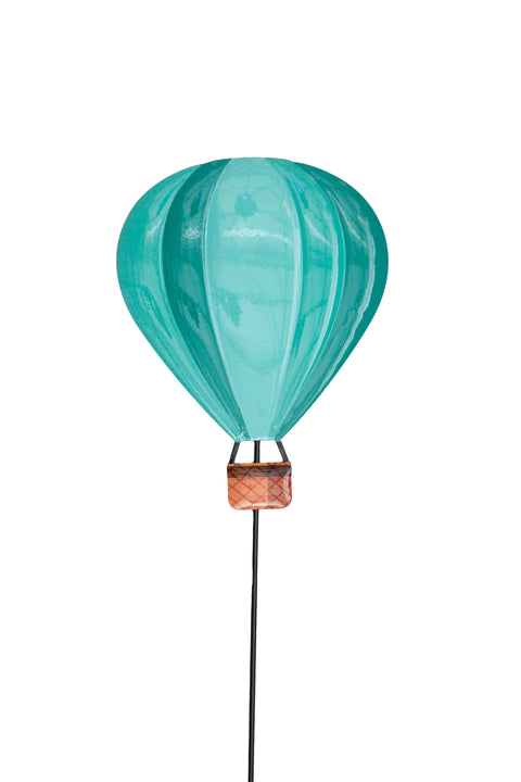 Metall gartenstecker heißluftballon grün mit kupferfarbenem korb und schwarzem metallstab für garten deko