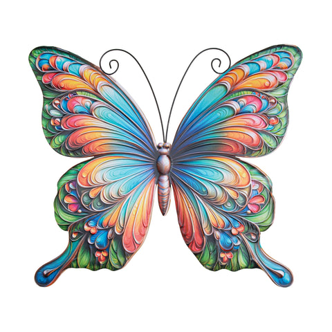 Vibranter metallschmetterling wandaufhänger 46x50cm mit bunten wirbelmustern in blau, grün, orange und rosa