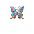 Metallschmetterling auf stecker mit bunten bemalten flügeln und blumendruck in pink blau grün orange und rot