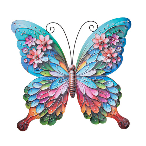 Metallschmetterling wandaufhänger mit mehrfarbigen floralen mustern und dekorativen wirbeln aus metall 30x33cm