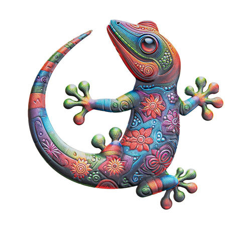 Vibranter metall-gecko wandaufhänger 30x30cm mit mehrfarbigen floral- und geometrischen mustern