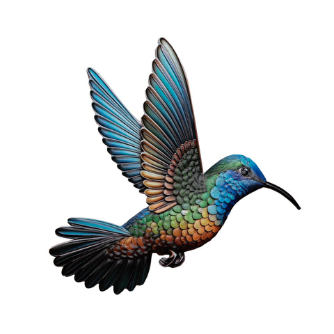 Wanddeko metall kolibri 39,5x39cm mit lebendiger irisierender metalloptik in blau, grün und orange mit detaillierten federmustern